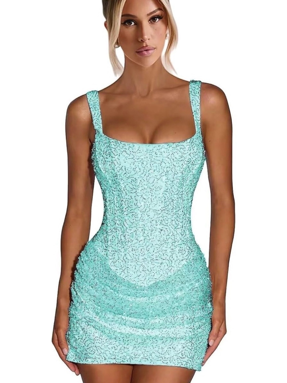 Sequin Square-Neck Mini Dress in Aqua